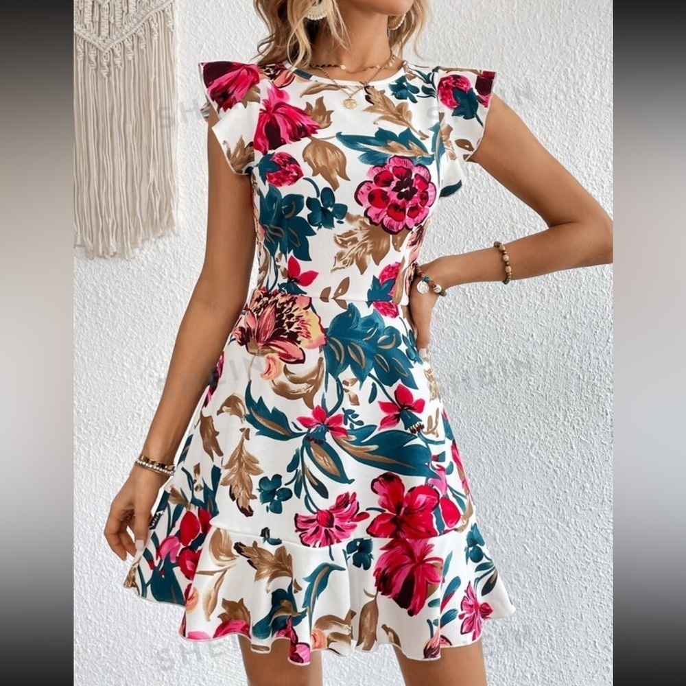 NWT SHEIN Ruffle Short Sleeves Floral Ruffled Hem A Line Dress Summer Casual S - Picture 4 of 8